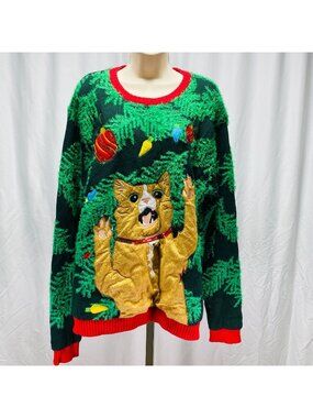 33 Degrees Cat Ugly Christmas Sweater Funny Large Holiday Festive
